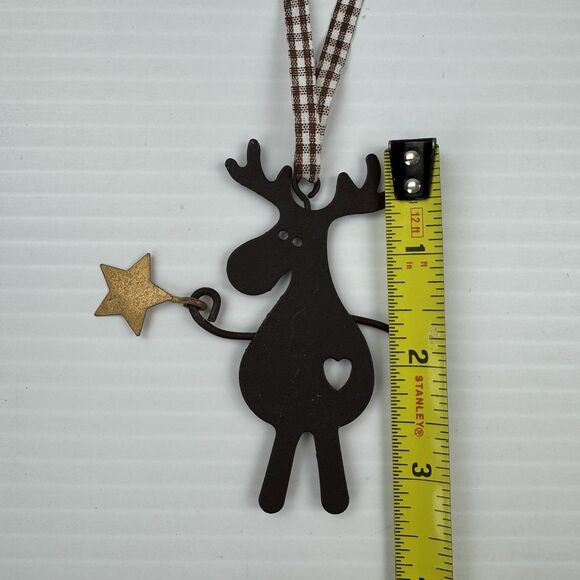 Metal Moose Christmas Ornament Primitive Rustic Brown Holding Star Country Decor - Picture 5 of 6